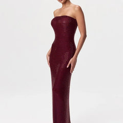 Red Wine Crystal Beaded Strapless Gown – Elegant Backless Evening Maxi Dress