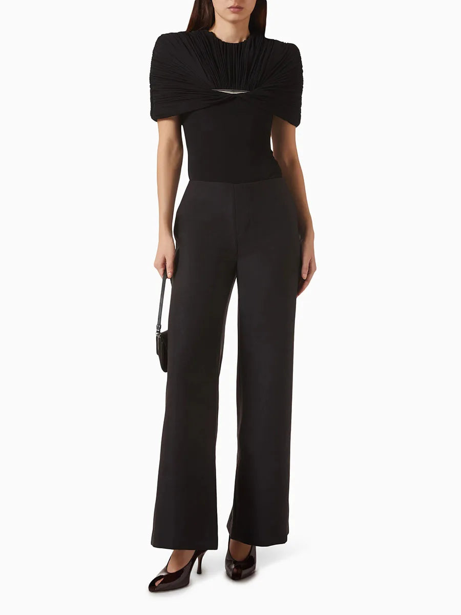 Black draped metal detail round neck top with handbag