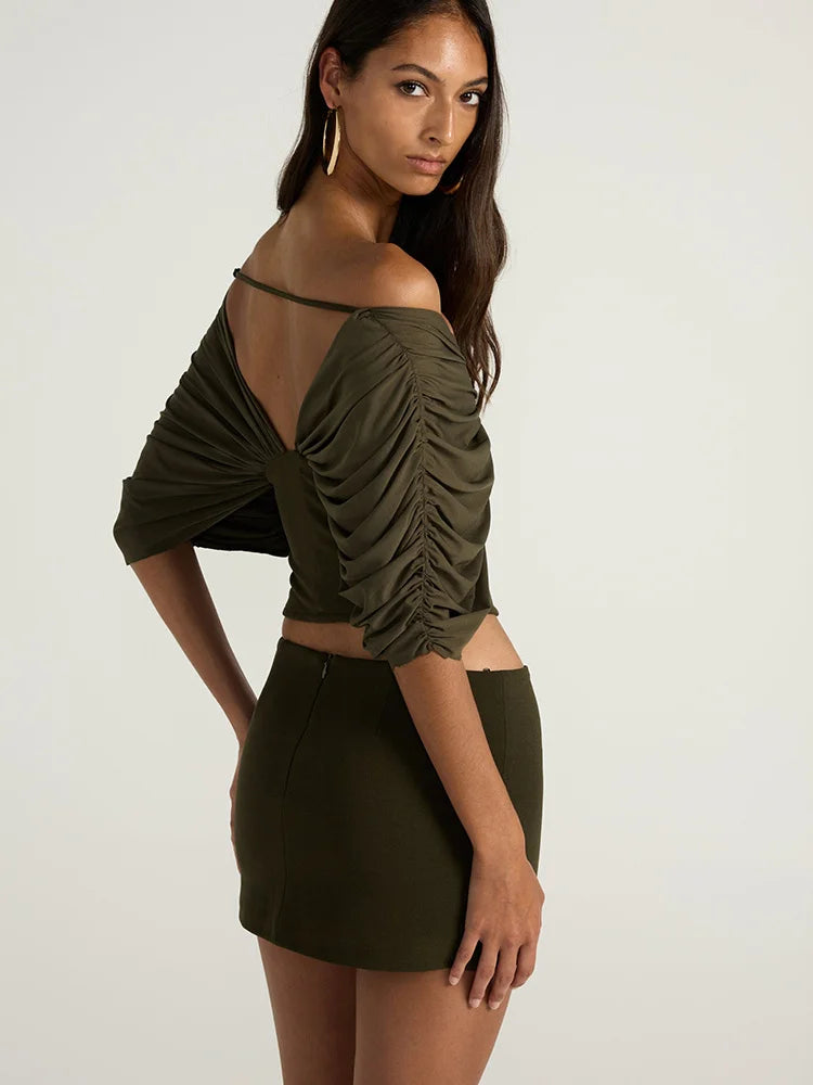 Off shoulder gathered knit crop top side view