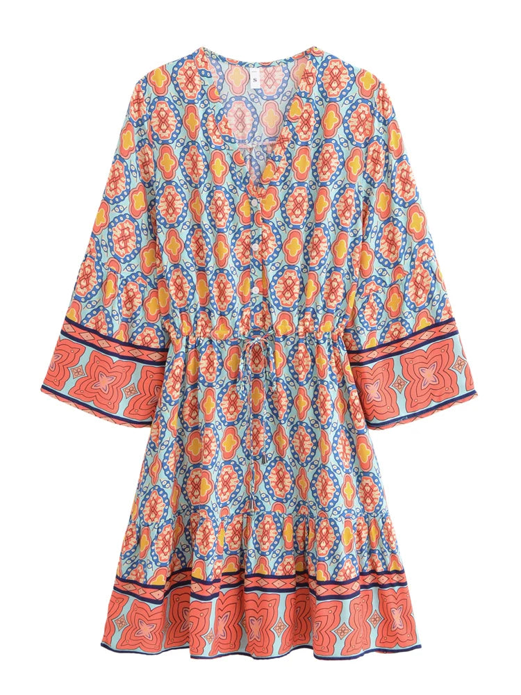 Full view of the geometric print mini dress
