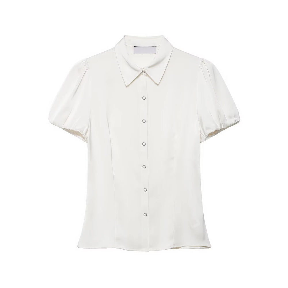White satin puff sleeve collared shirt top