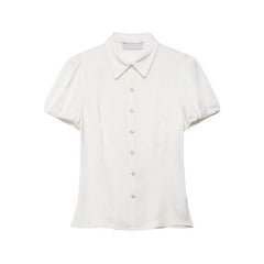 White satin puff sleeve collared shirt top