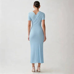 Ruched Cross Neck Short Sleeve Maxi Dress