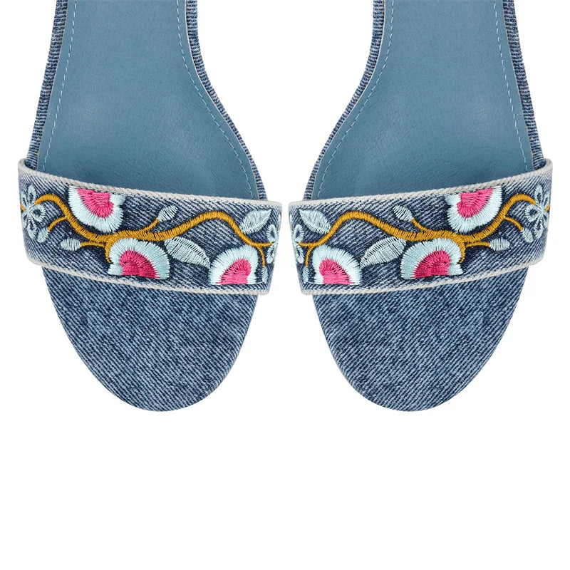 Side view of denim stiletto sandals with buckle closure