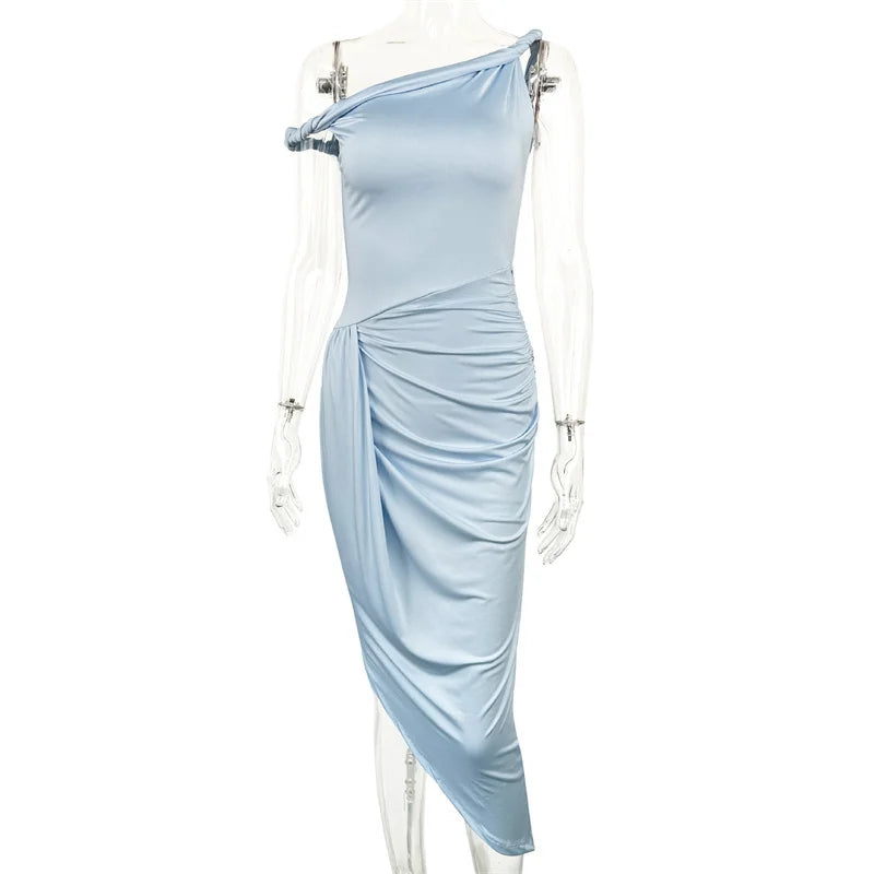 Light blue one-shoulder dress on a mannequin against a white background