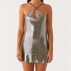 Halter Neck Sequin Cutout Mini Dress