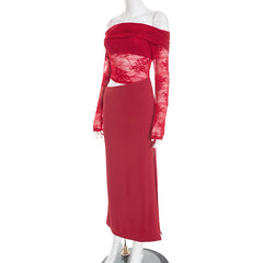Red off-shoulder dress on a mannequin against a white background