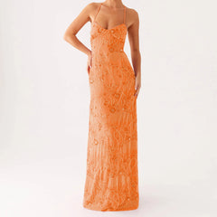 Orange lace dress on a white background