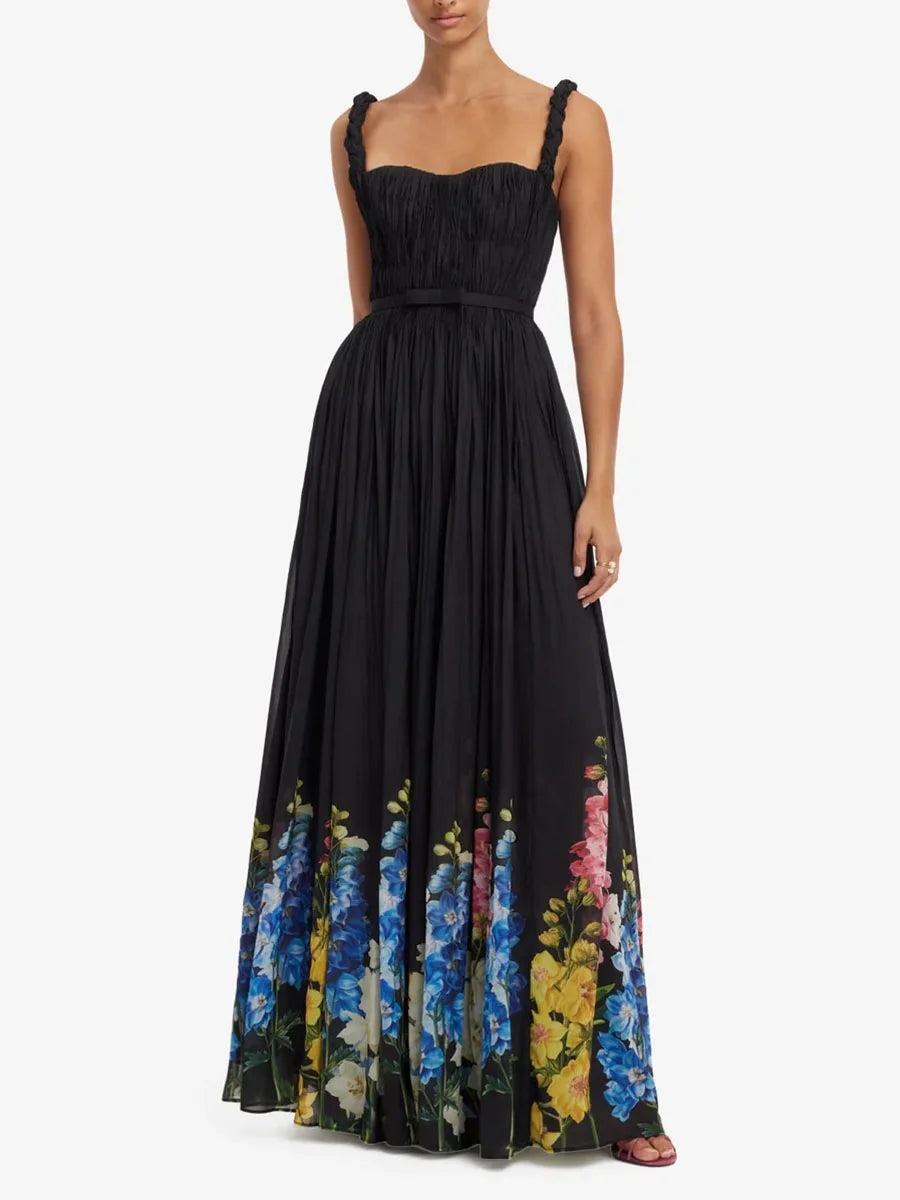 Floral print square neck maxi dress with belt detail