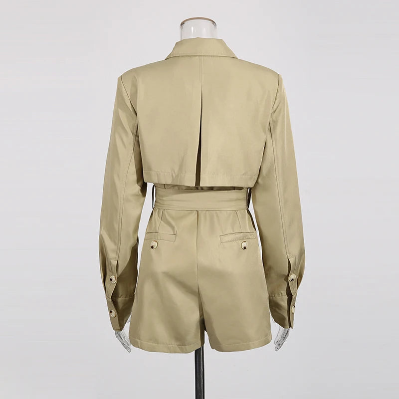 Beige jacket and shorts set on a mannequin against a white background