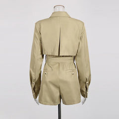 Beige jacket and shorts set on a mannequin against a white background