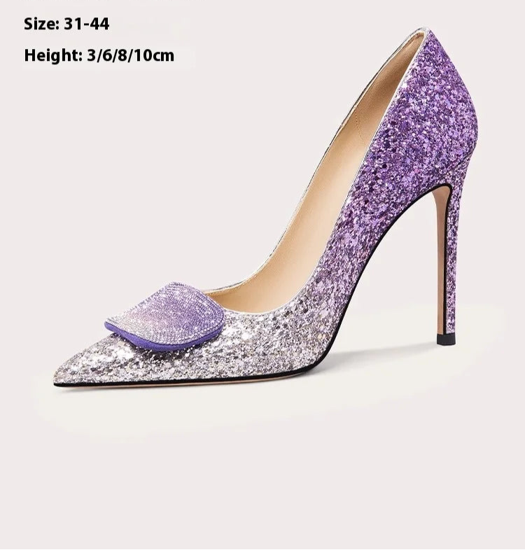 Purple glitter high heel shoe with bow detail on a light grey background