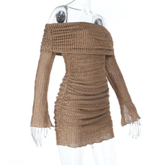 Beige Off-Shoulder Pleated Long Dress | Cozy Autumn Edit