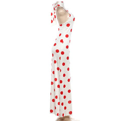 White Satin Red Polka Dot Turtleneck Maxi Dress