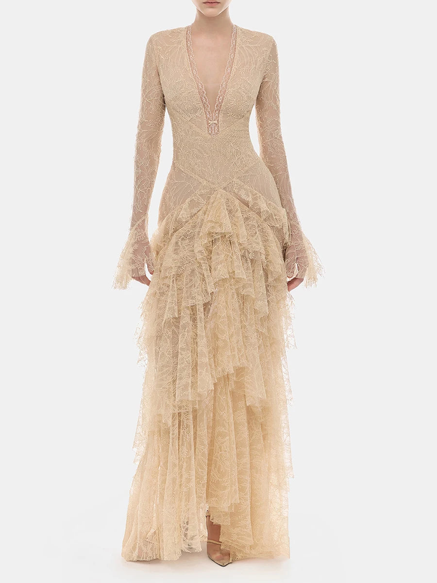 Long sleeve lace maxi dress with V-neck and ruffle skirt