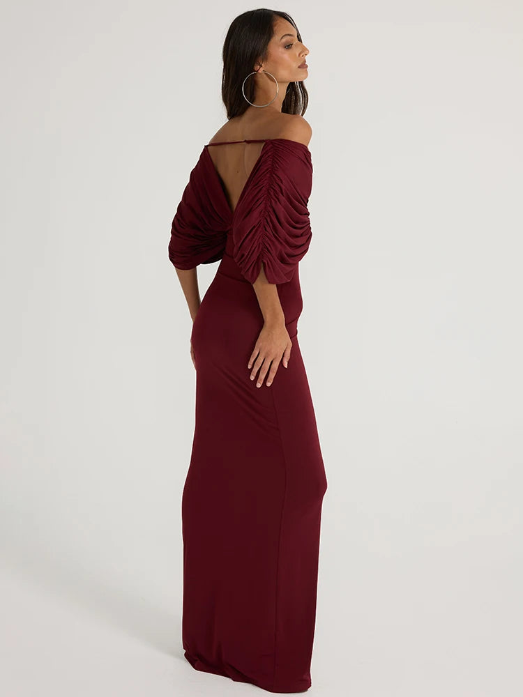 Burgundy draped off-shoulder ruched maxi dress side view