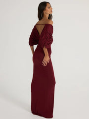 Burgundy draped off-shoulder ruched maxi dress side view