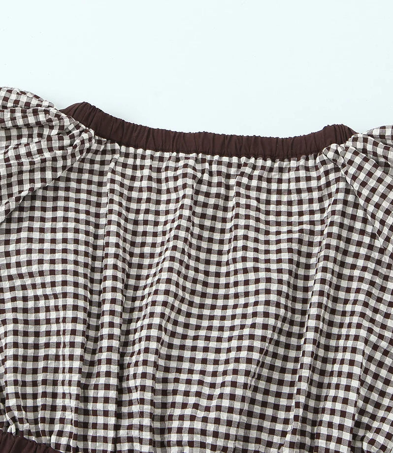 Brown and white checkered blouse with ruffled neckline on a light blue background
