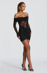 Off-shoulder Lace See Through Long Sleeve Ruched Mini Dress