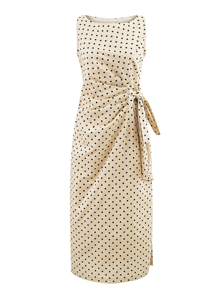 Beige Polka Dot Midi Dress with Tie Waist