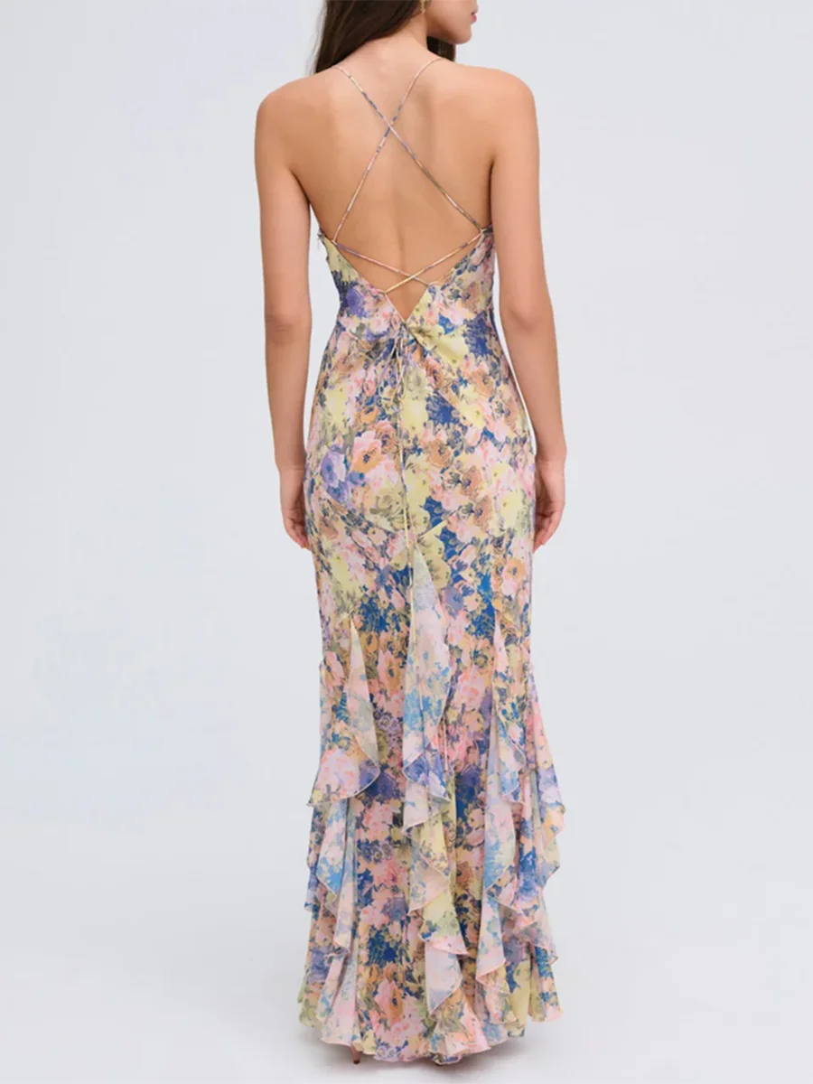 Watercolor print spaghetti strap trumpet hem ruffled gown back view
