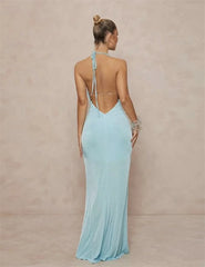 Velvet Plunging Halter Drape Gown