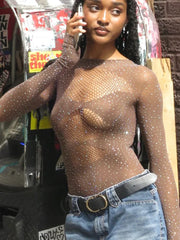 Mesh Elastic Sequin Long Sleeve Bodysuit