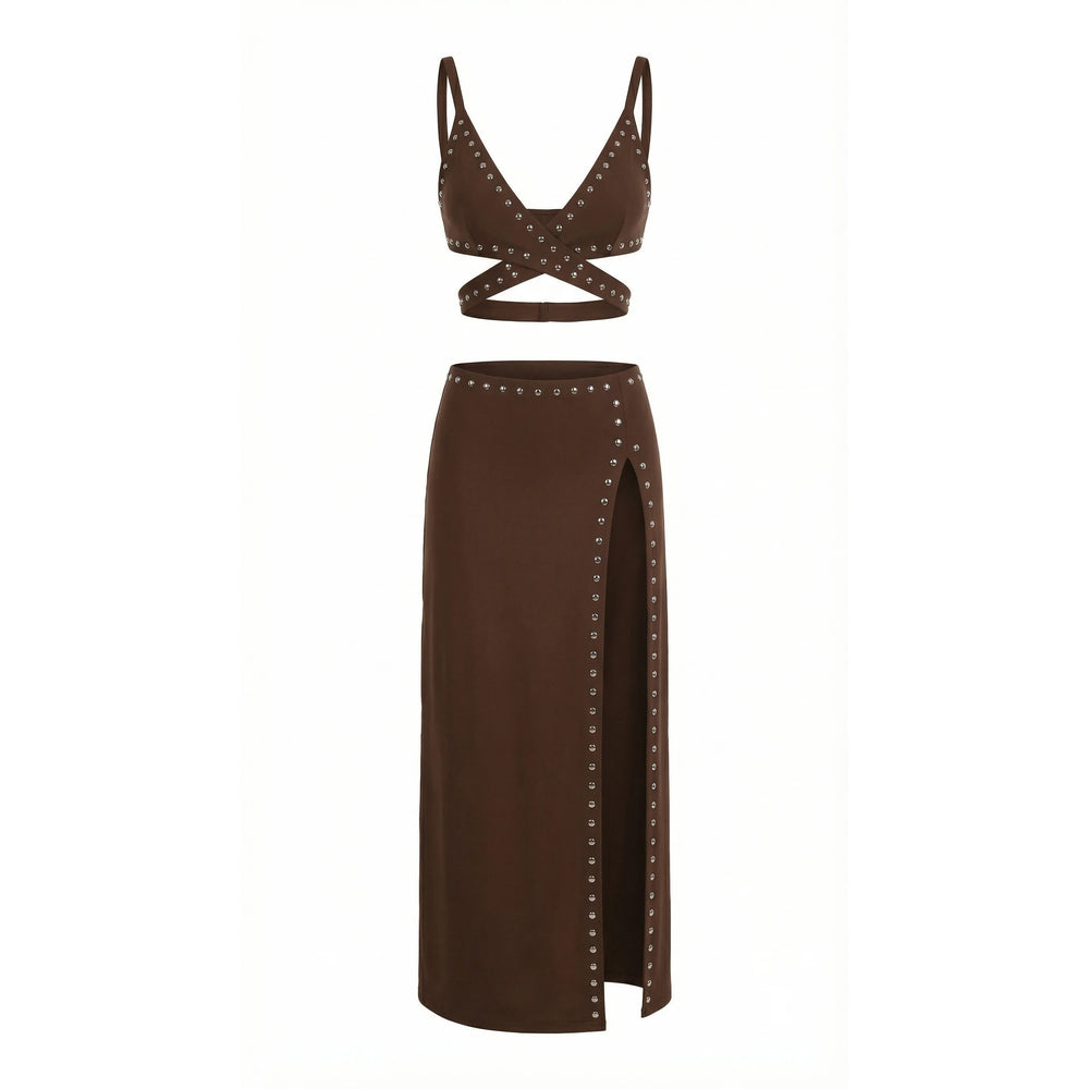 Studded cut-out bikini top and high-slit maxi skirt laid flat