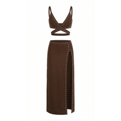 Studded cut-out bikini top and high-slit maxi skirt laid flat