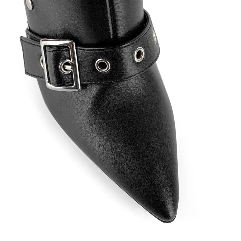 Close-up of pointed toe buckle strap stiletto boots toe detail