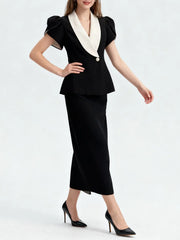 Black Lapel Tunic Top and High Waist Skirt Set with Peplum Detail