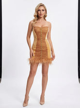 Strapless mini dress with feather trim and ruched bodice