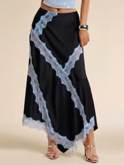 Satin Lace Patchwork Maxi Skirt