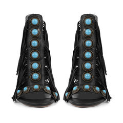 Fringe Jewel Tassel Rivet Stiletto Ankle Boots