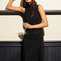 Shiny High-Neck Sleeveless Wrap Maxi Dress
