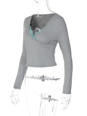 Lace Trim V Neck Cropped Top