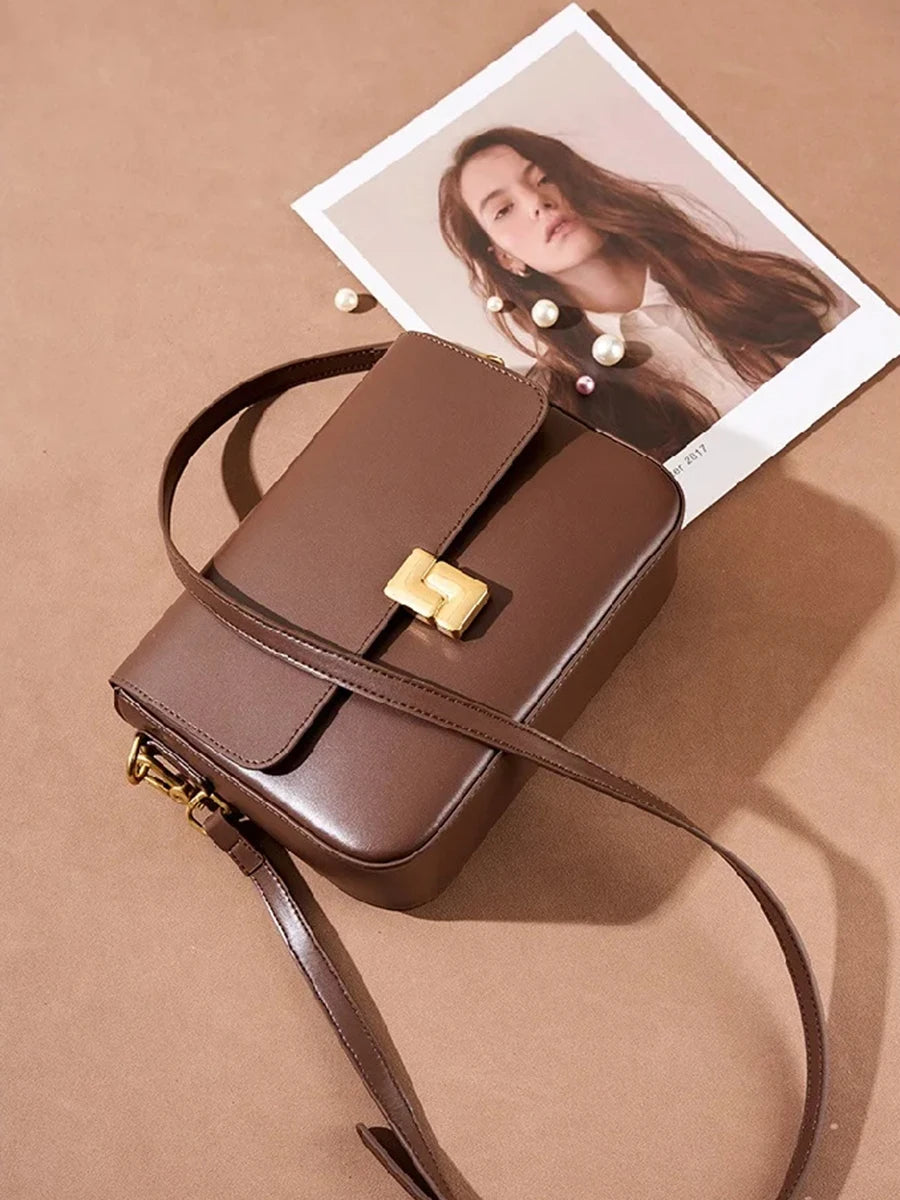 Brown handbag with gold clasp on a brown background