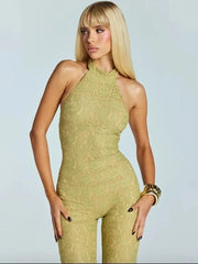 Green lace halter backless romper