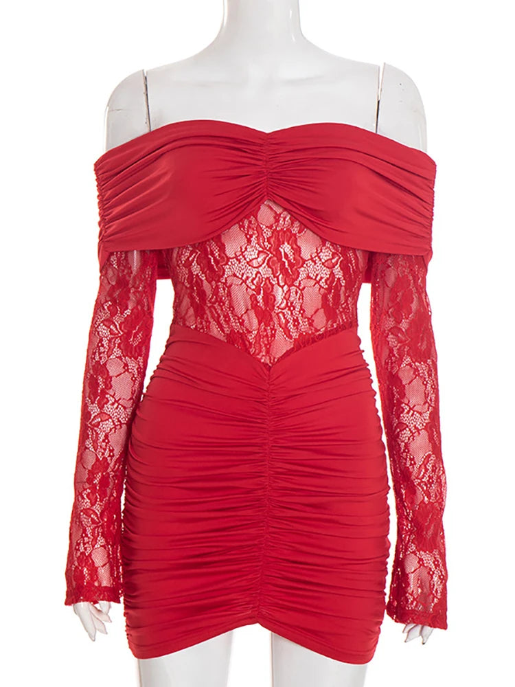 Red off-shoulder dress with lace detailing on a mannequin against a white background