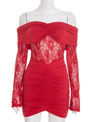 Red off-shoulder dress with lace detailing on a mannequin against a white background