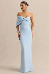 Light blue off-shoulder bow maxi dress