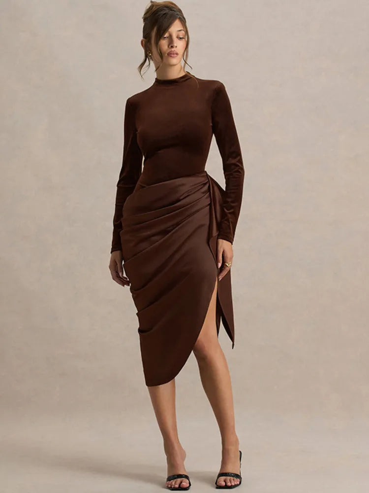 elegant brown draped dress with high neckline