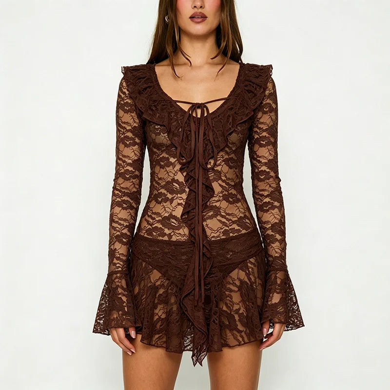 Brown lace ruffle tie-up mini dress