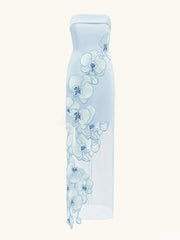Floral Embroidered Strapless Mesh Hem Maxi Dress