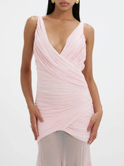 Ruched V-Neck Sheer-Hem Maxi Dress