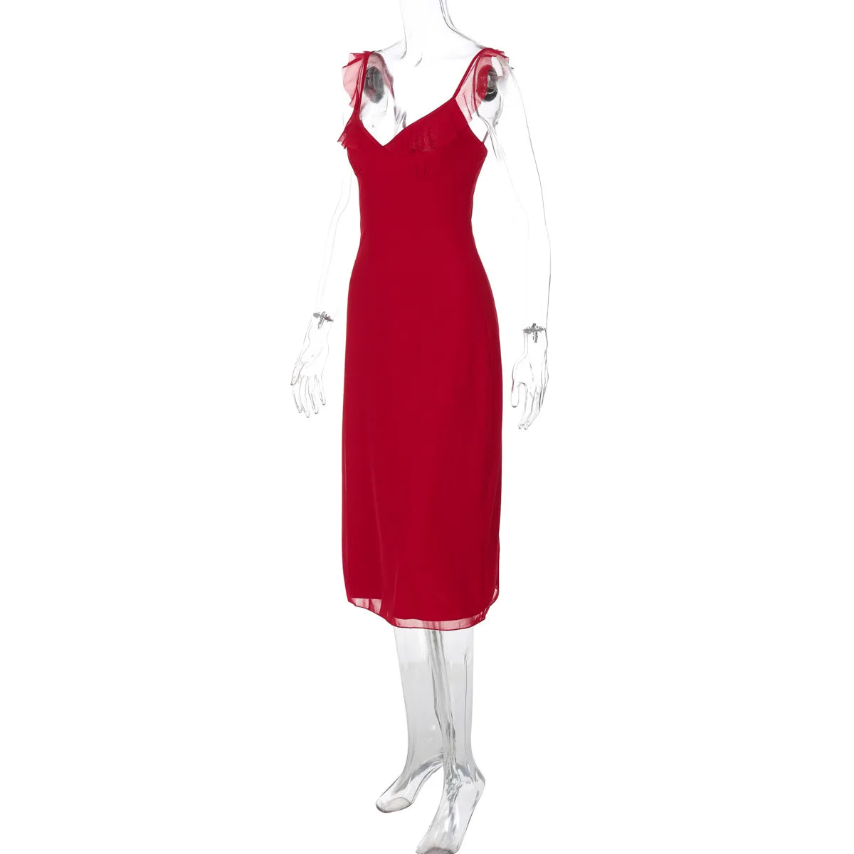Red dress on a mannequin against a white background