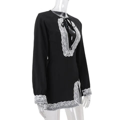 Black Long Sleeve Lace Hollow Out Split Mini Dress