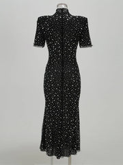 Black Beaded Sheath Dress | Elegant Short Sleeve Gown