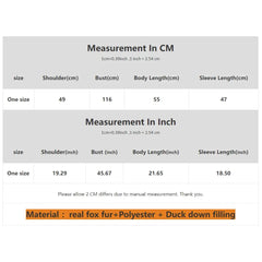 Measurement chart for a garment with sizes in centimeters and inches, including material details.