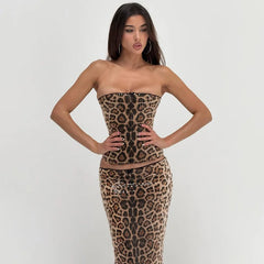 Sparkle Leopard Print Strapless Top And Midi Skirt Matching Set